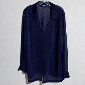 PS Career Navy Shimmery Glittery Sheer Dressy Long Sleeve Blouse 2X